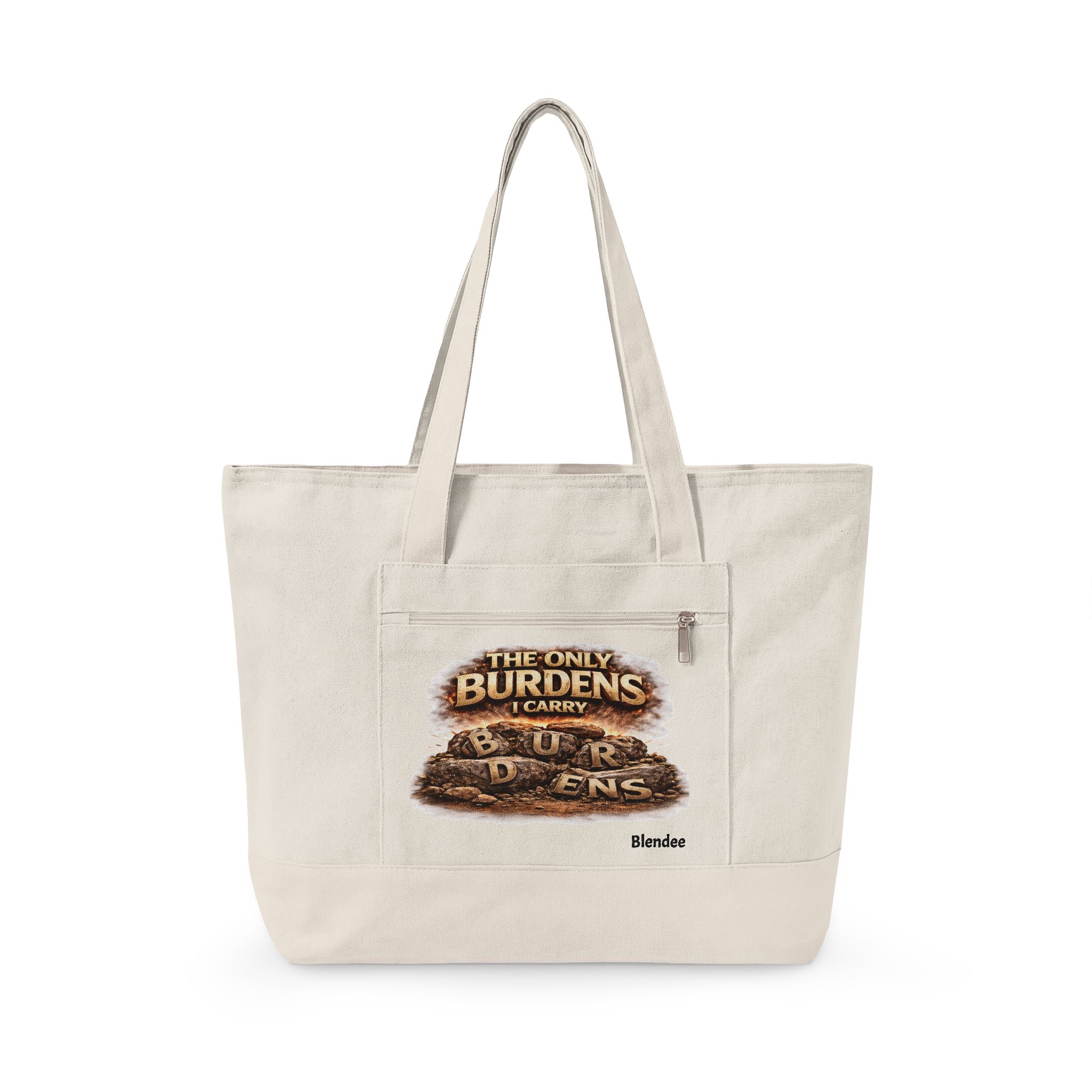 Canvas Tote Bag – “The Only Burdens I Carry” Rustic Graphic Zippered Shopper